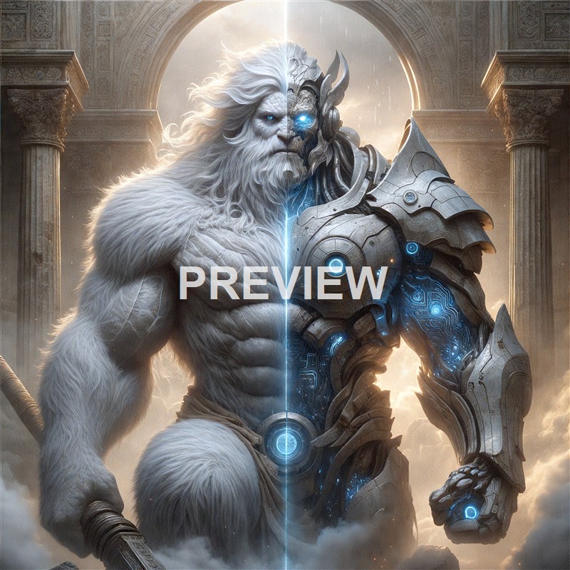 The image depicts a large, mythical lion-like creature with a muscular, furry upper body and a robotic, armored right side, standing in front of ancient stone columns with a cloudy sky in the background.